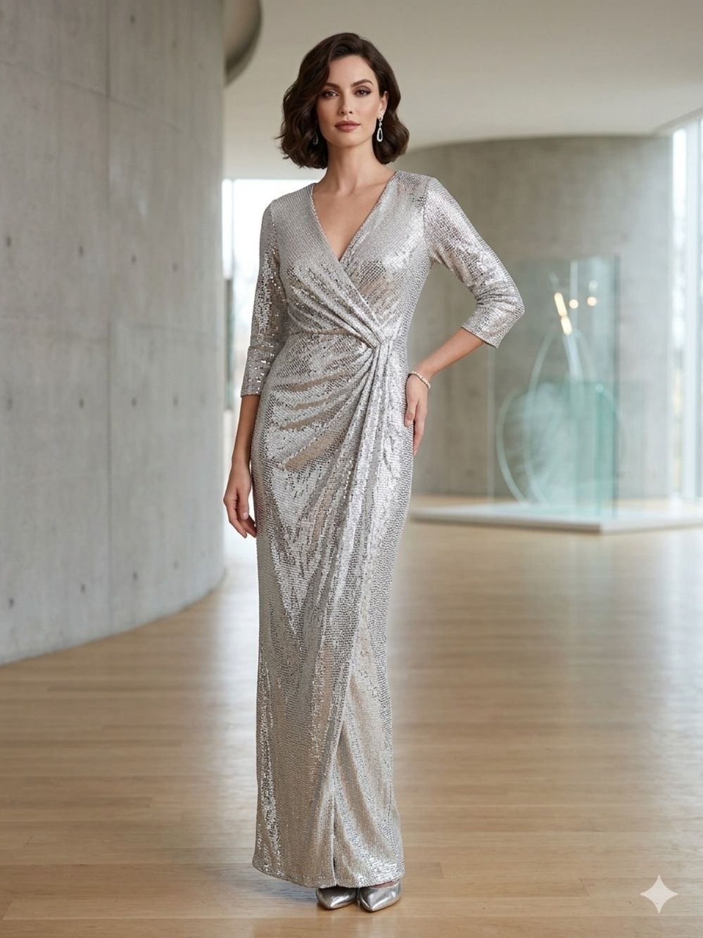 Take 50% OFF- JM Studio Sequined Silver Wrap Maxi Dress, Size-6